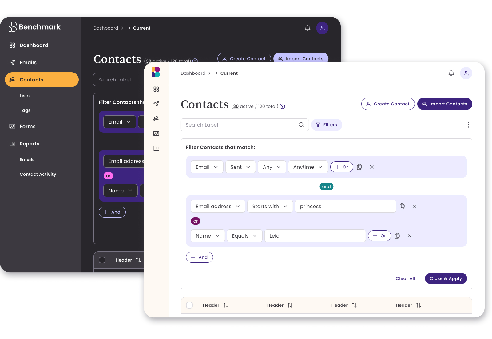 Filters light and dark mode