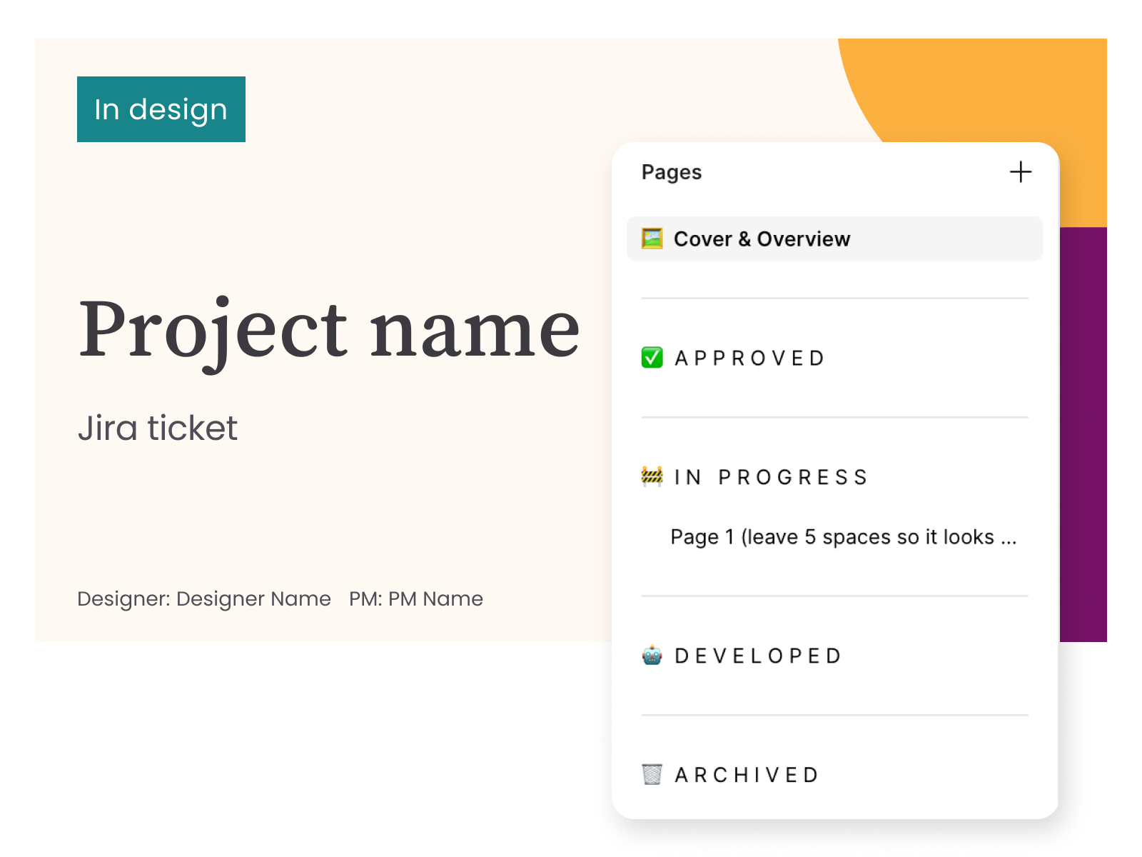 Figma file cover template and pages panel