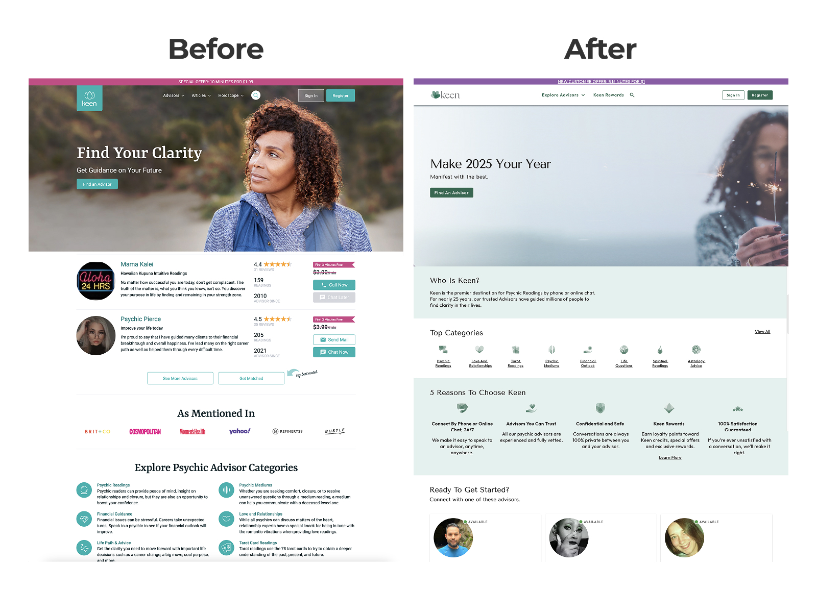 Keen homepage before and after the rebrand