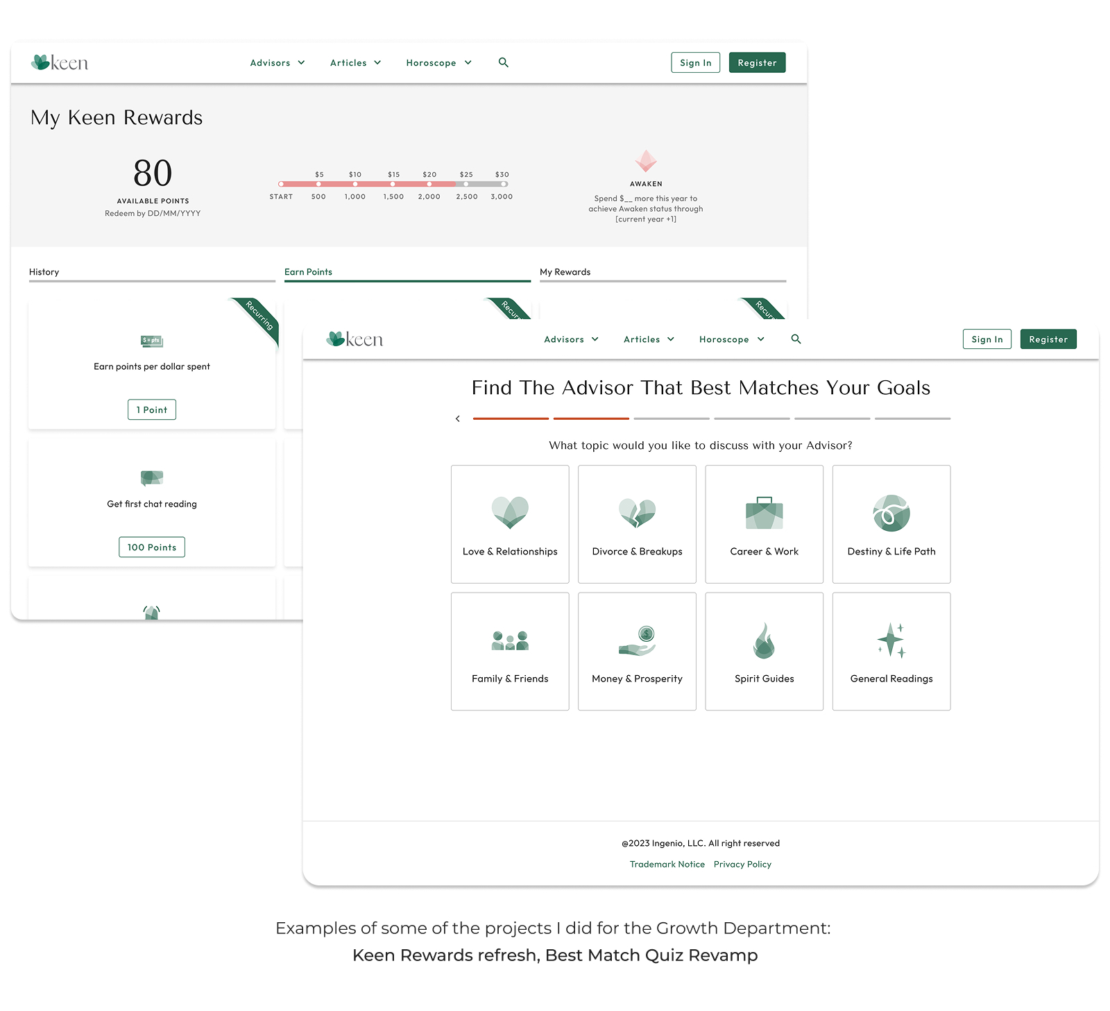 Keen Rewards dashboard and Best Match Quiz topic selection