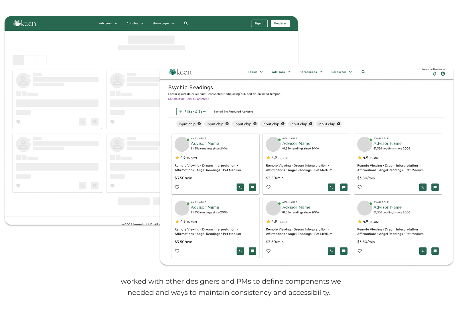 Wireframe alongside finished advisor listing UI with Clarity components