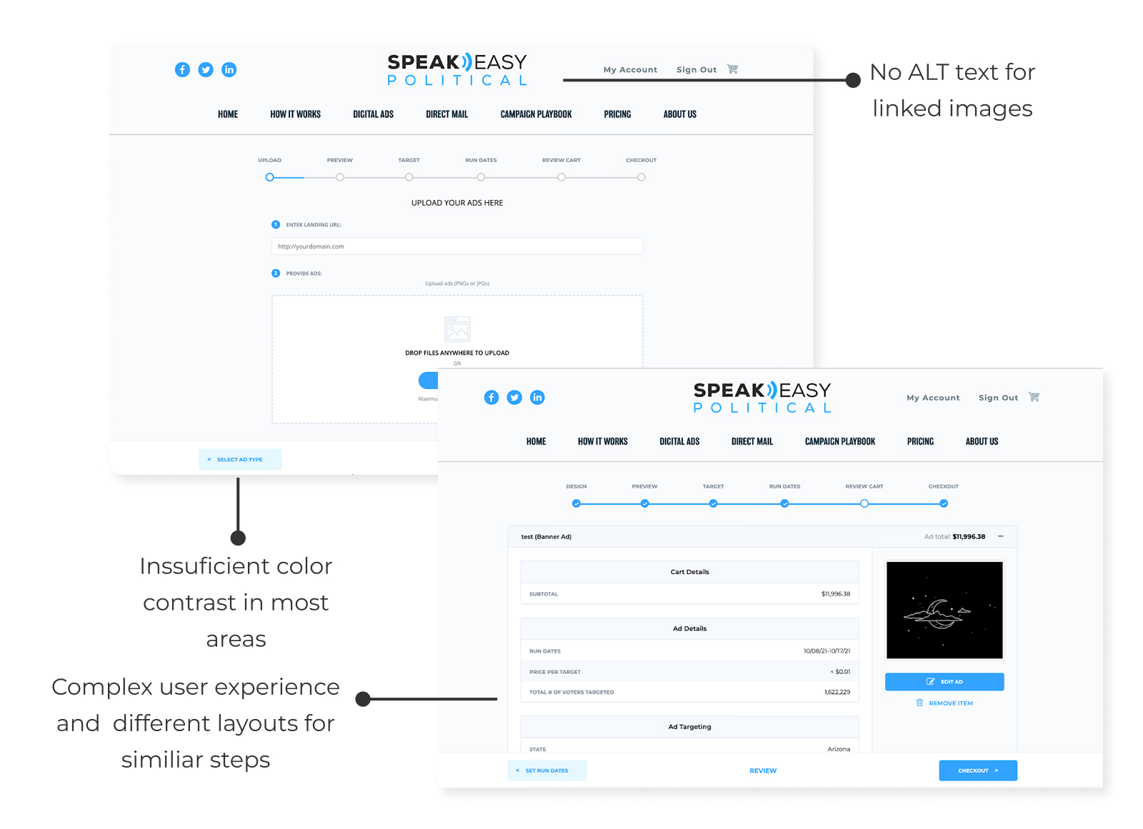 Annotated legacy audit screens showing contrast and typography issues