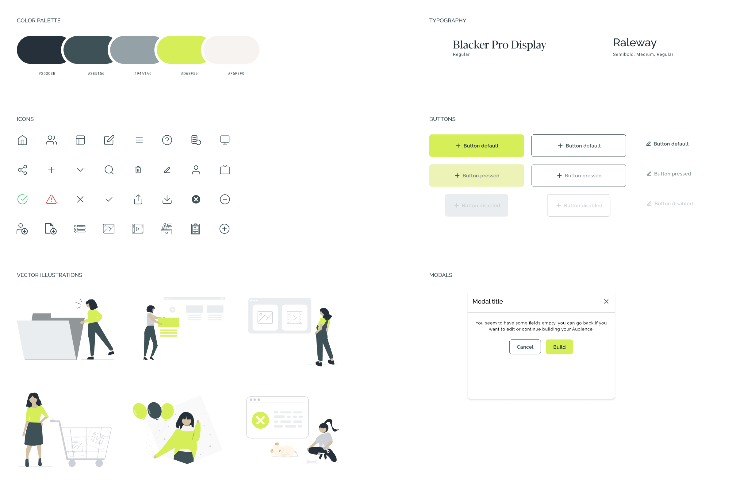Design system overview: colors, typography, buttons, icons, illustrations